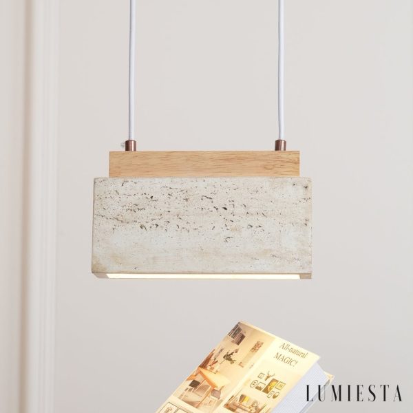 Crestava - Lampa wisząca trawertynowa, żółta z drewnem do jadalni, 23x7x10 cm