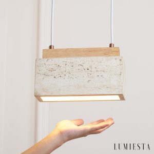 Crestava - Lampa wisząca trawertynowa, żółta z drewnem do jadalni, 23x7x10 cm