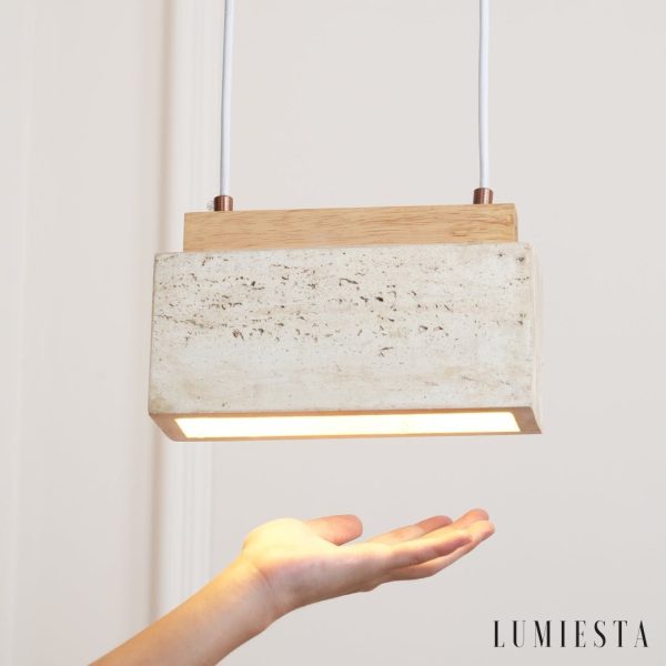 Crestava - Lampa wisząca trawertynowa, żółta z drewnem do jadalni, 23x7x10 cm