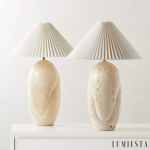 Lampa stołowa Gramera z trawertynu, abażur w żółto-białe pasy