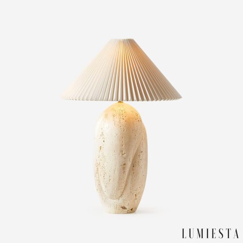 Lampa stołowa trawertynowa Gramera Ø40x47 cm — żółto-biały abażur na białym tle