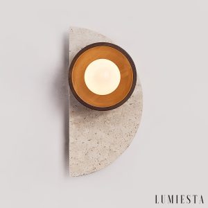 Etolanta - Kinkiet nowoczesny drewniany orzech trawertyn do salonu Ø17x35cm