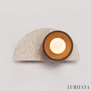 Etolanta - Kinkiet nowoczesny drewniany orzech trawertyn do salonu Ø17x35cm