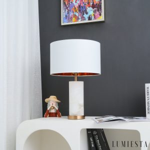 Etnalux - lampa stołowa alabastrowa biała z tkaninowym abażurem