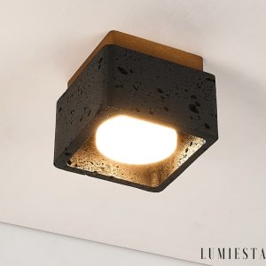 Farella - Plafon trawertynowo-drewniany, czarny i orzechowy do salonu, Ø12 cm