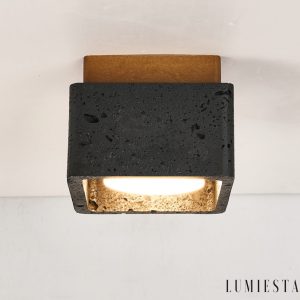 Farella - Plafon trawertynowo-drewniany, czarny i orzechowy do salonu, Ø12 cm