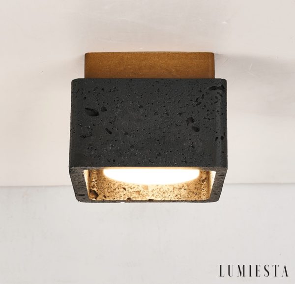 Farella - Plafon trawertynowo-drewniany, czarny i orzechowy do salonu, Ø12 cm