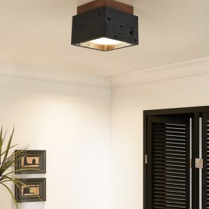 Farella - Plafon trawertynowo-drewniany, czarny i orzechowy do salonu, Ø12 cm