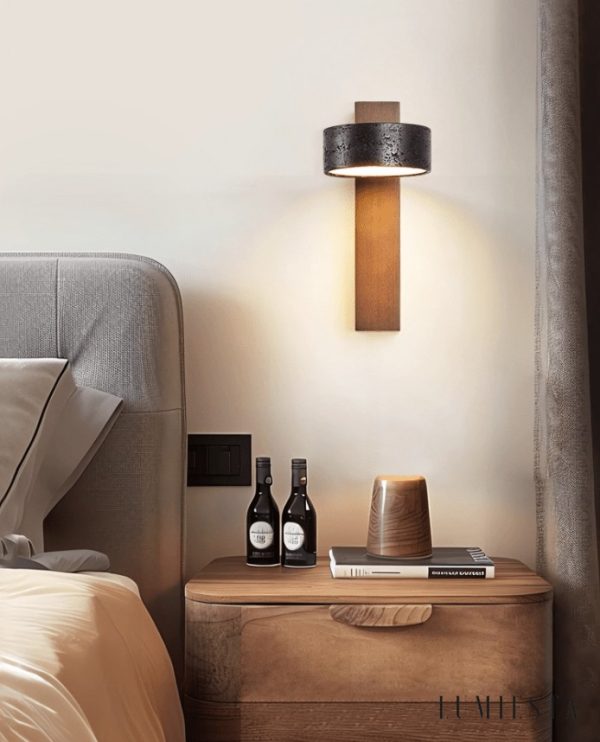 Ferraris - Kinkiet nowoczesny, drewno orzechowe i trawertyn, do salonu, 10x23 cm