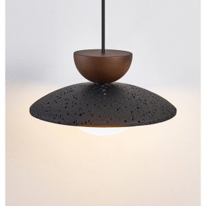 Genevra - Lampa wisząca skandynawska czarny travertyn i drewno do salonu Ø25 cm