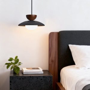 Genevra - Lampa wisząca skandynawska czarny travertyn i drewno do salonu Ø25 cm