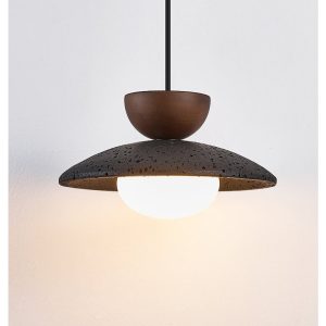 Genevra - Lampa wisząca skandynawska czarny travertyn i drewno do salonu Ø25 cm