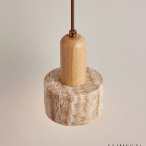 GinevraX - Lampa wisząca, żółty trawertyn i drewno, do salonu, Ø12/15 cm