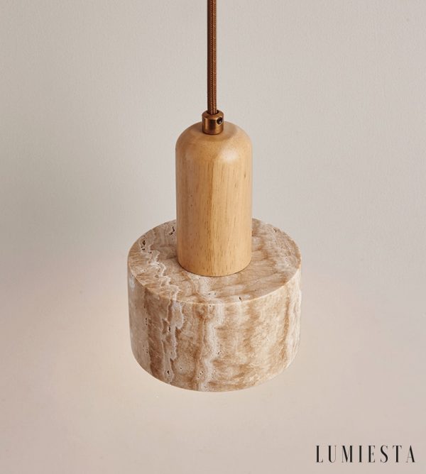 GinevraX - Lampa wisząca, żółty trawertyn i drewno, do salonu, Ø12/15 cm