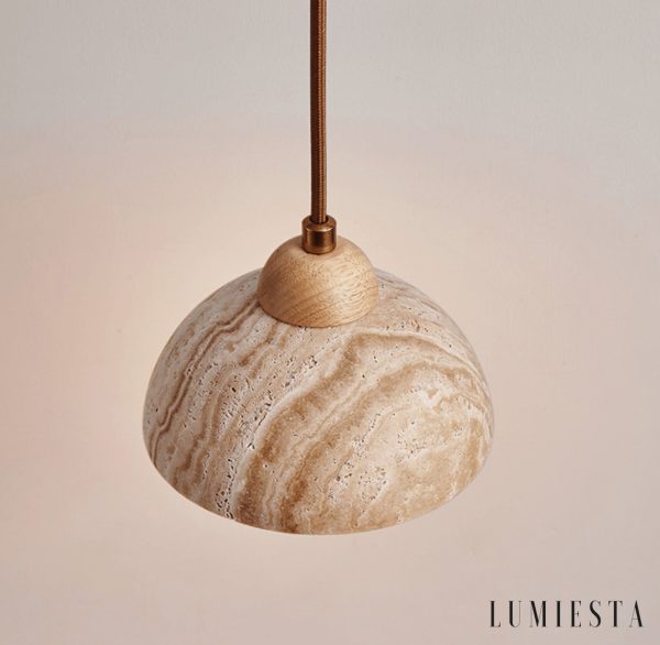 GinevraX - Lampa wisząca, żółty trawertyn i drewno, do salonu, Ø12/15 cm