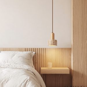 GinevraX - Lampa wisząca, żółty trawertyn i drewno, do salonu, Ø12/15 cm