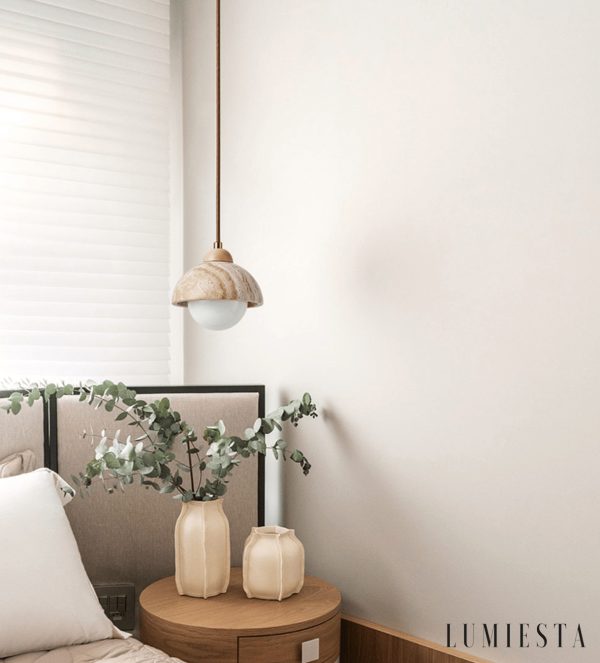 GinevraX - Lampa wisząca, żółty trawertyn i drewno, do salonu, Ø12/15 cm