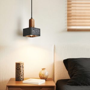 Granadis - Lampa wisząca trawertynowa i drewniana, czarna, do salonu, Ø12x17 cm