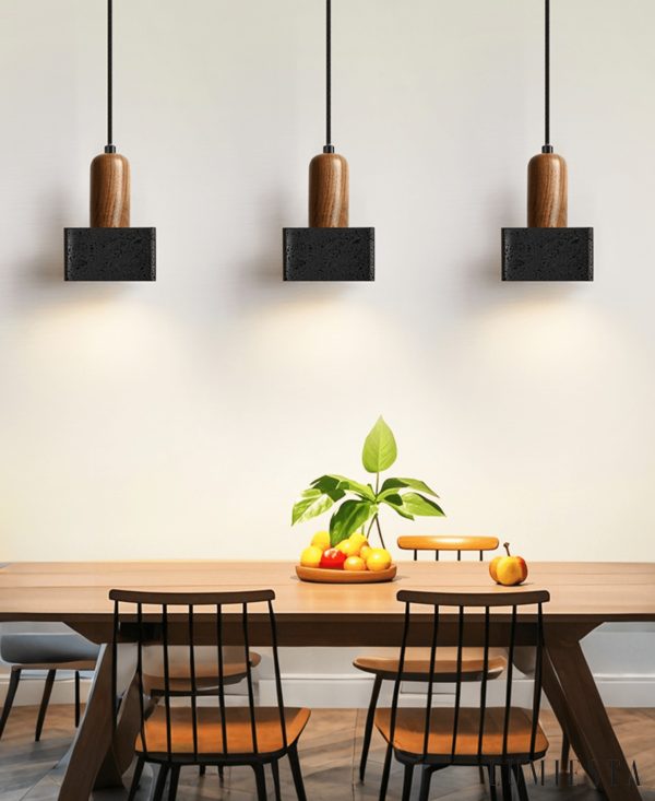 Granadis - Lampa wisząca trawertynowa i drewniana, czarna, do salonu, Ø12x17 cm