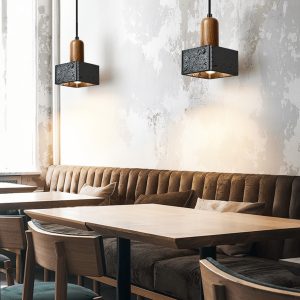 Granadis - Lampa wisząca trawertynowa i drewniana, czarna, do salonu, Ø12x17 cm