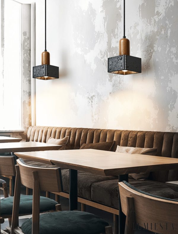 Granadis - Lampa wisząca trawertynowa i drewniana, czarna, do salonu, Ø12x17 cm