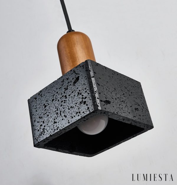 Granadis - Lampa wisząca trawertynowa i drewniana, czarna, do salonu, Ø12x17 cm