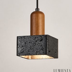 Granadis - Lampa wisząca trawertynowa i drewniana, czarna, do salonu, Ø12x17 cm