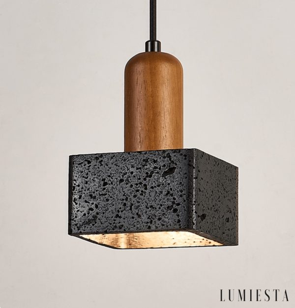 Granadis - Lampa wisząca trawertynowa i drewniana, czarna, do salonu, Ø12x17 cm