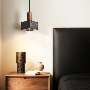 Granadis - Lampa wisząca trawertynowa i drewniana, czarna, do salonu, Ø12x17 cm