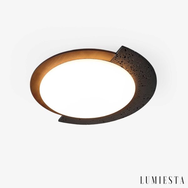 Gwiezdaron - Black travertine ceiling light with wooden accent, for living room, Ø45/58 cm