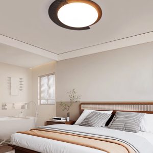 Gwiezdaron - Plafon czarny trawertyn z drewnianym akcentem, do salonu, Ø45/58 cm