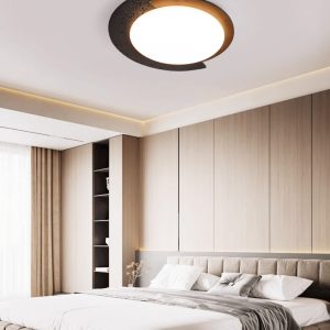 Gwiezdaron - Plafon czarny trawertyn z drewnianym akcentem, do salonu, Ø45/58 cm