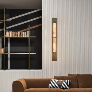 HispaniaX - Kinkiet alabastrowy, brązowo-biały do salonu, Ø10/11 x 50/96 cm