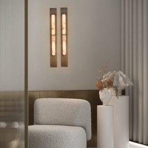 HispaniaX - Kinkiet alabastrowy, brązowo-biały do salonu, Ø10/11 x 50/96 cm