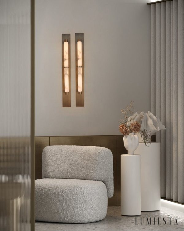 HispaniaX - Kinkiet alabastrowy, brązowo-biały do salonu, Ø10/11 x 50/96 cm