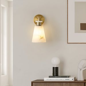 Ignisia - Kinkiet metalowy z alabastrem, antyczna miedź, do sypialni, Ø12x25 cm