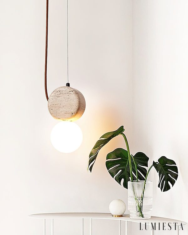 ImperiumX - Lampa wisząca trawertynowa, żółty trawertyn do salonu, Ø11 x 21 cm