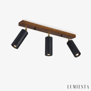 Ischara - Lampa wisząca nowoczesna czarny trawertyn i orzech nad stół Ø60/80 cm