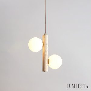 Kremenya - Lampa wisząca trawertynowa, żółty trawertyn do salonu, Ø25 h32/37 cm