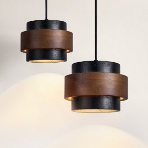 Latinae - Lampa wisząca loftowa, czarny trawertyn i orzech nad stół Ø17x12 cm