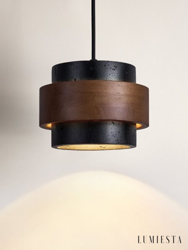Latinae - Lampa wisząca loftowa, czarny trawertyn i orzech nad stół Ø17x12 cm