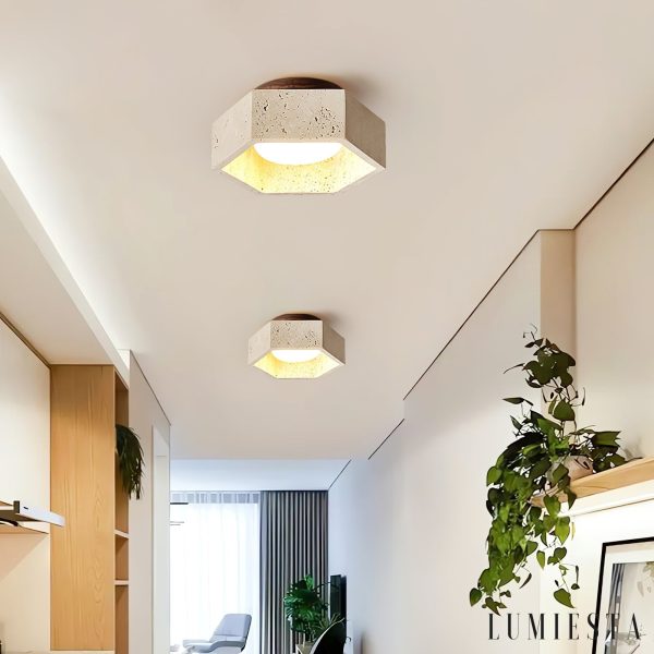 Loirena - Lampa sufitowa trawertynowa, żółta, do sypialni, korytarza, Ø17x7 cm