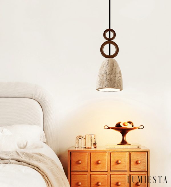 Luganis - Lampa wisząca trawertynowa, żółty/orzech, nad stół, Ø13 x H30 cm