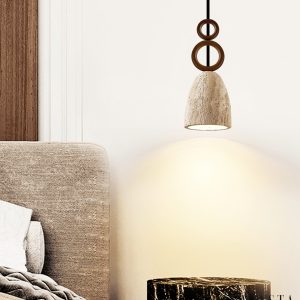 Luganis - Lampa wisząca trawertynowa, żółty/orzech, nad stół, Ø13 x H30 cm