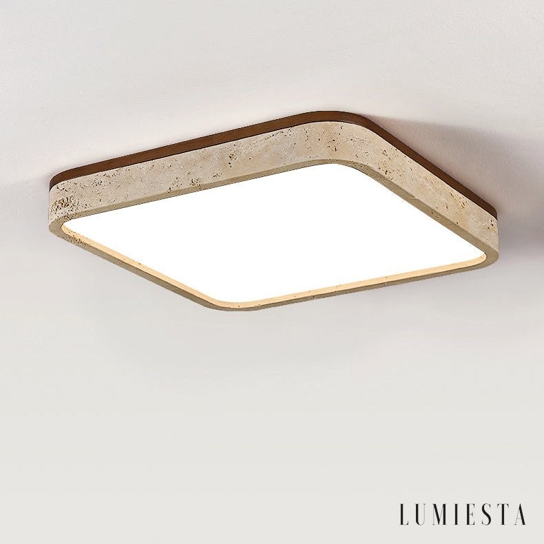 Żółta lampa sufitowa Lunatria z trawertynową osłoną i drewnianym detalem