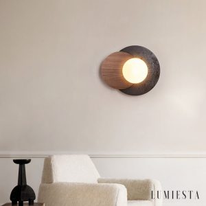 Madriax - Kinkiet nowoczesny, czarny travertyn i orzech do salonu, Ø30x25 cm