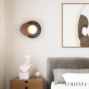 Madriax - Kinkiet nowoczesny, czarny travertyn i orzech do salonu, Ø30x25 cm