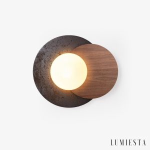 Madriax - Kinkiet nowoczesny, czarny travertyn i orzech do salonu, Ø30x25 cm