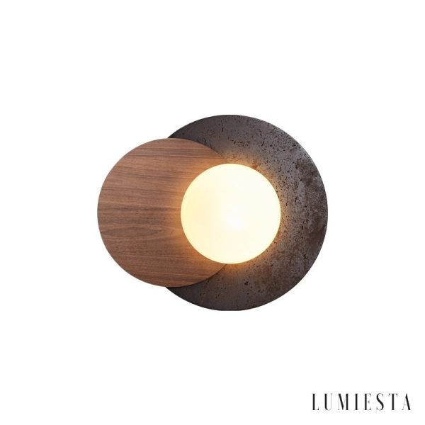 Madriax - Kinkiet nowoczesny, czarny travertyn i orzech do salonu, Ø30x25 cm