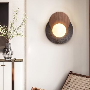 Madriax - Kinkiet nowoczesny, czarny travertyn i orzech do salonu, Ø30x25 cm